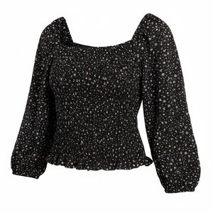 Kirious Black Floral Smocked Square Neck Puff Sleeve Blouse, Size Large